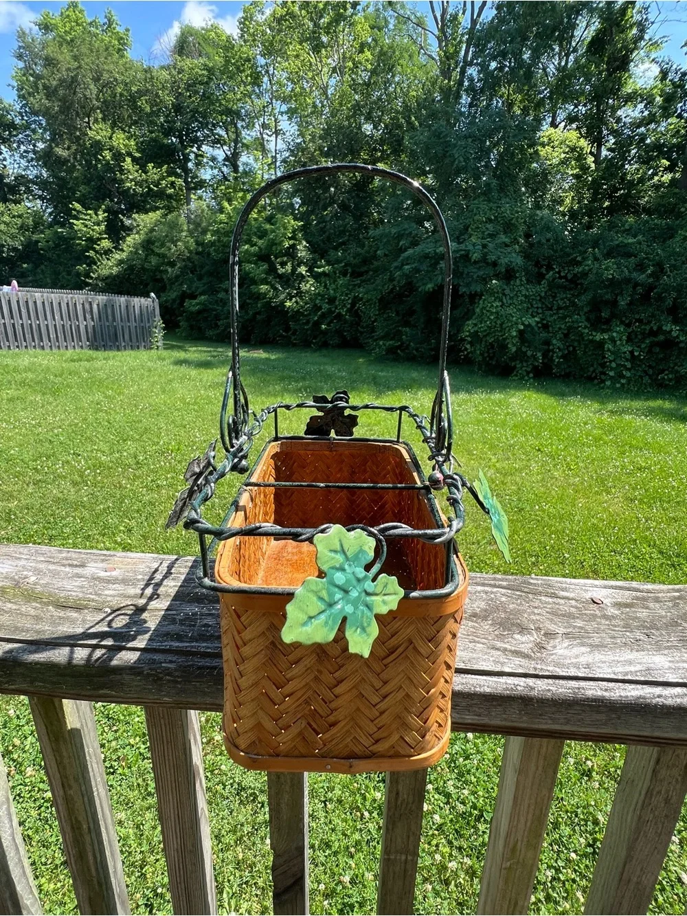 Woven Brown Basket Planter with Decorative Leaf Trim